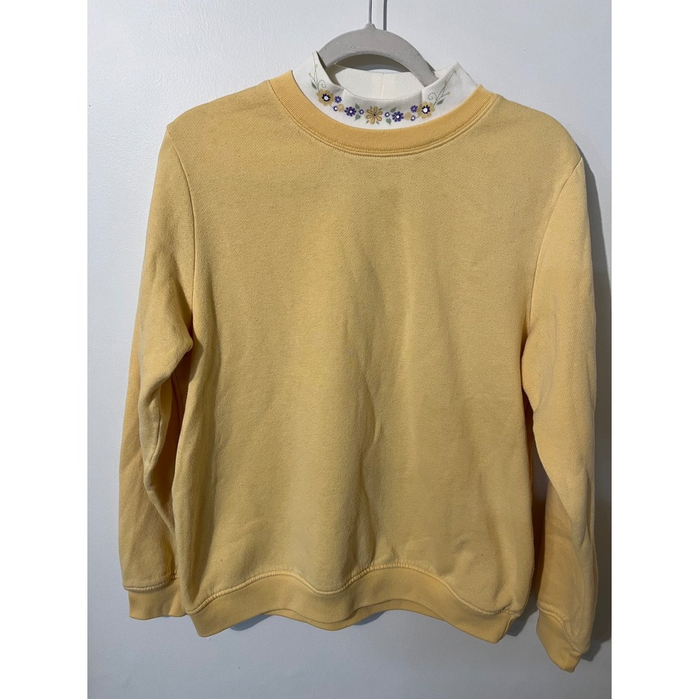 Blair Womens Yellow Floral vinEmbroidered Mock Neck Double Collar Sweatshirt VIN